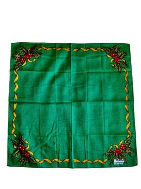 Renoma Paris Christmas Handkerchief NWT 16.5” Square Green Holly Ribbon Cotton